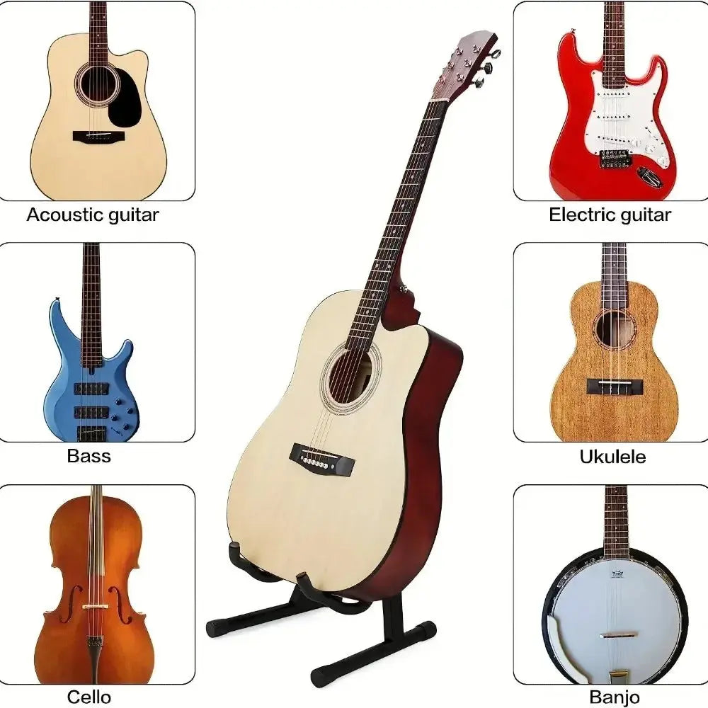 Assorted string instruments including acoustic guitar, electric guitar, bass, cello, ukulele, and banjo on white background.