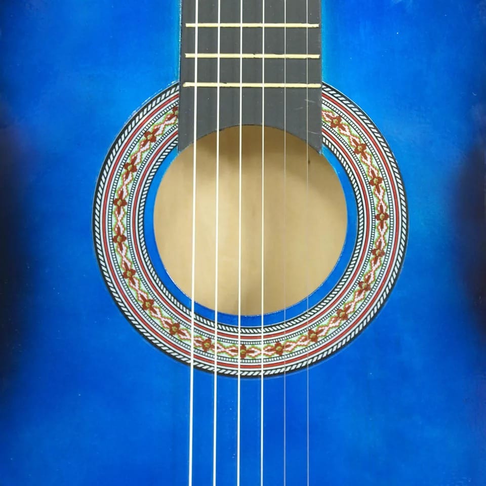 Blue wooden acoustic guitar w case & more