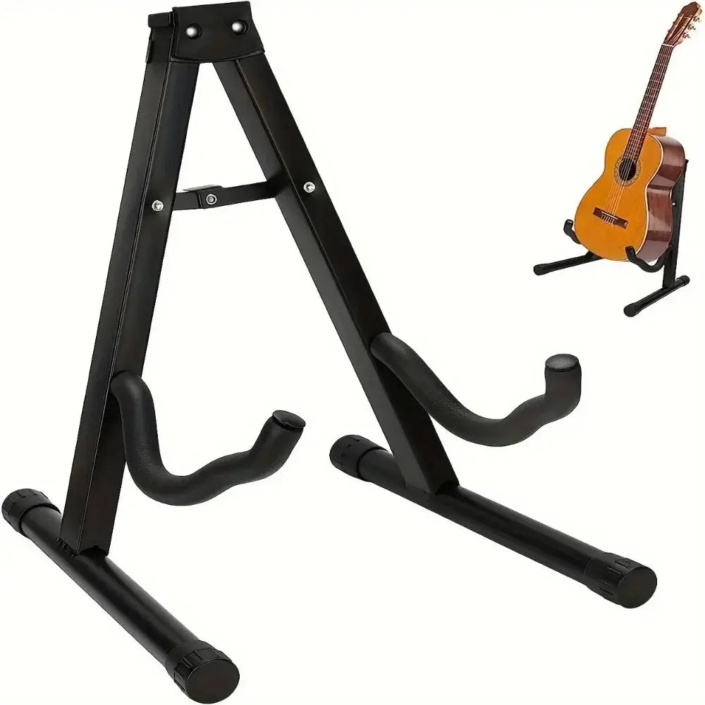 Black foldable guitar stand with padded arms and a classical acoustic guitar displayed on the stand