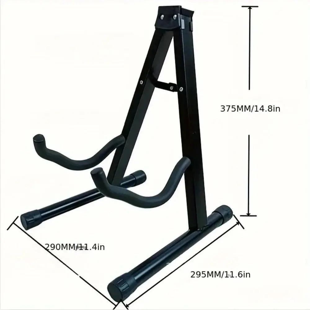 Black metal guitar stand with measurement dimensions for acoustic, electric, or bass guitars