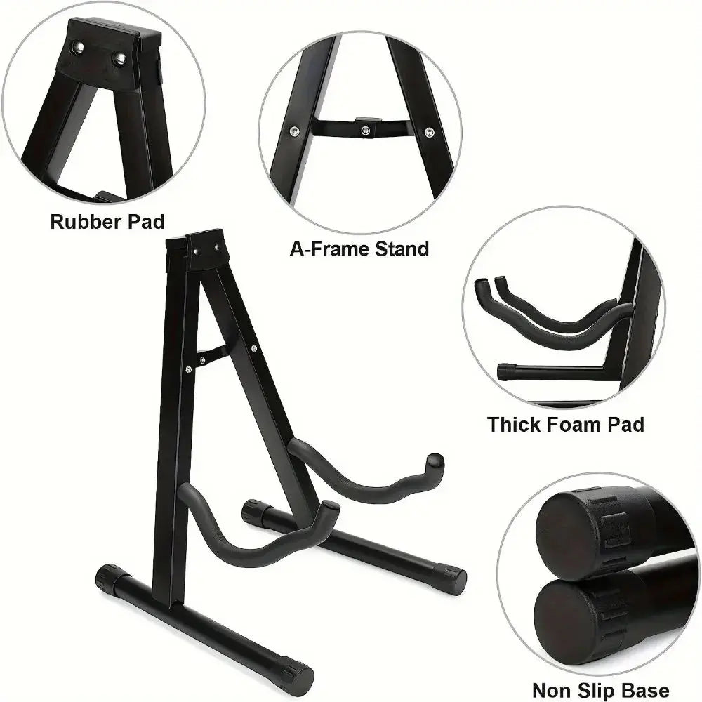Black A-frame guitar stand with rubber pads, thick foam padding, and non-slip base, ideal for acoustic or electric guitars.